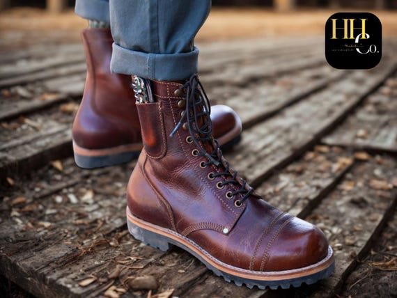Handmade Brown Leather Combat Boots | Men display picture 3