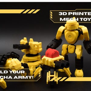 May include: Yellow 3D printed mech toys with black and red details. The toys feature articulated limbs and weapon attachments. Text on the image reads "3D PRINTED MECH TOYS" and "BUILD YOUR MECHA ARMY!"