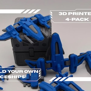 May include: A 3D printed 4-pack of blue spaceships. The image shows several assembled and unassembled spaceship models, with the text "Build Your Own Spaceships!" and "3D Printed 4-Pack".