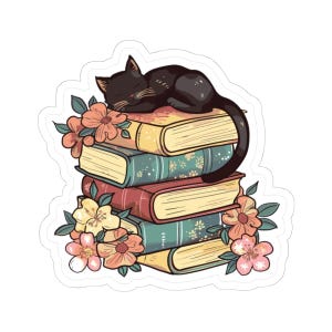 Puede incluir: Una pegatina que muestra un gato negro durmiendo sobre una pila de libros. Los libros son de varios colores, incluyendo amarillo, turquesa y rojo, y están adornados con detalles florales. El gato está acurrucado, con los ojos cerrados.