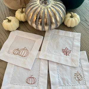 Hand Embroidered White Hemstitch Cocktail Napkins Set of 4 Fall Thanksgiving Pumpkins Leaves Table Linens Decor 100% Cotton - Ready to Ship