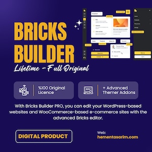May include: A digital product advertisement with the text "BRICKS BUILDER" in large yellow letters. The image includes website interface screenshots, icons, and the text "Lifetime - Full Original." It also includes the text "DIGITAL PRODUCT" and a website address.