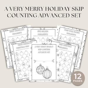 May include: A collection of black and white holiday-themed worksheets. The worksheets feature ornament illustrations and the text "A Very Merry Holiday Skip Counting Advanced Set." The set includes 12 pages.