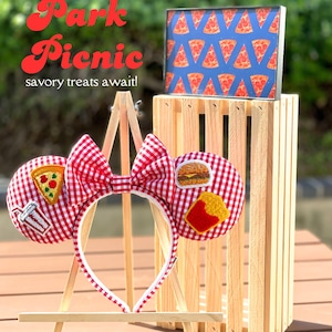 Gingham Picnic Mouse Ears - Fully-sewn, Removable Bow (red gingham / chenille patches)