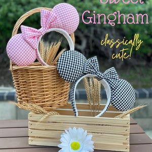 Gingham Mouse Ears - Handmade | Comfortable Headband | Removable Bow