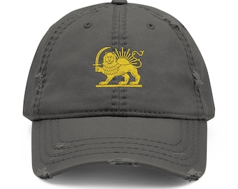 Gold Lion Sun Embroidery Distressed Dad Hat | Vintage Lion Cap