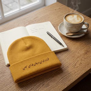 Puede incluir: Gorro amarillo mostaza con texto bordado, colocado sobre una mesa de madera. Junto a él, un cuaderno abierto, un bolígrafo y una taza de café con arte latte. El texto del gorro está en fuente script.