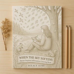 May include: A colouring book titled "When the Sky Softens" with a nature-inspired theme. The cover features a pencil sketch of a person sitting under a tree, with squirrels and birds. Two pencils are placed next to the book.