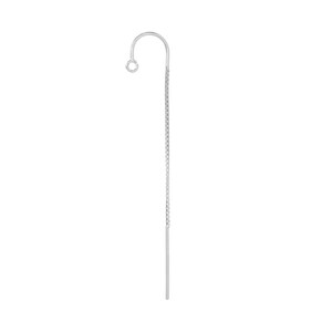 May include: Silver earring with a long, thin chain and a hook closure.