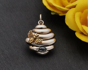 Sterling Silver Beehive Charm With Bronze Bee Bee Charm Bee Hive