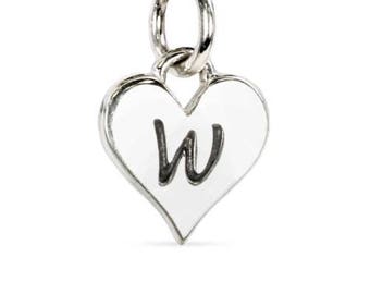 Sterling Silver Script 'W' Alphabet Heart Charm 12x8mm - 1 Pc Wholesale Price (11565)/1