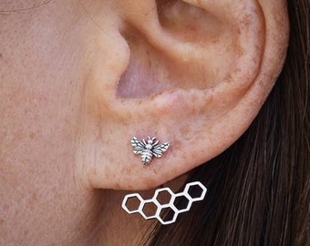 Sterling Silver Honey Bee and Honeycomb Ear Jacket 22x17mm - 1Pc Wholesale Price (13280)/1