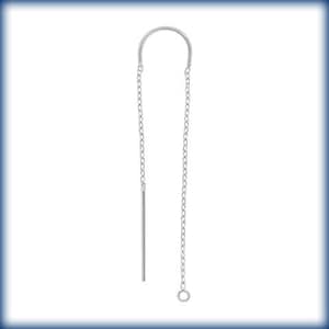May include: A single silver threader earring with a curved top and a chain that hangs down. One side has a straight bar, and the other has a small ring at the end. The earring is displayed against a white background.
