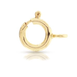 Puede incluir: Cierre de metal dorado con un anillo redondo y un pequeño bucle. El cierre está diseñado para usarse para sujetar joyas u otros artículos.