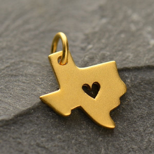 24K Gold Plated Sterling Silver 15x10.1mm Texas State Charm with Heart Cut out - 1pc 10% discounted High Quality Shiny Charms (6056)/1