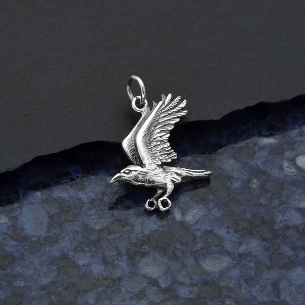 Sterling Silver Flying Raven Pendant 22x20mm  - 1Pc Wholesale Price (13643)/1