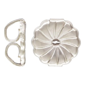 May include: A pair of silver-toned earring backs featuring a circular, scalloped-edge design with a central dome and two curved wire loops on the side for secure attachment to an earring post, presented in both front and side profile views.