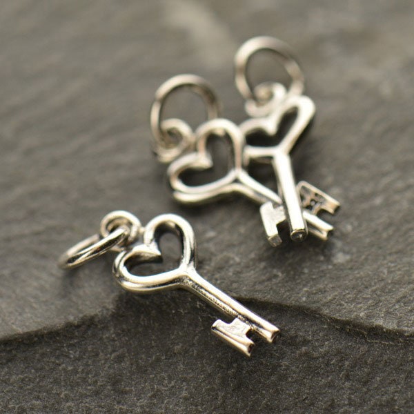 Sterling Silver Heart Key Charm - Tiny 18x6mm  - 1Pc Wholesale Price (13664)/1