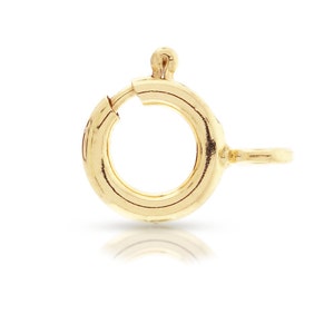 Puede incluir: Cierre de metal dorado con un anillo redondo y un pequeño bucle. El cierre está diseñado para usarse para sujetar joyas u otros artículos.