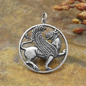 Sterling Silver Ancient Persian Winged Lion Pendant 32x26mm  - 1pc (14540)/1