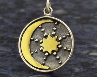 Sunburst-And-Crescent Charm W/ Granulation Sterling Silver Bronze 21x15mm - 1Pc Wholesale Price (13209)/1