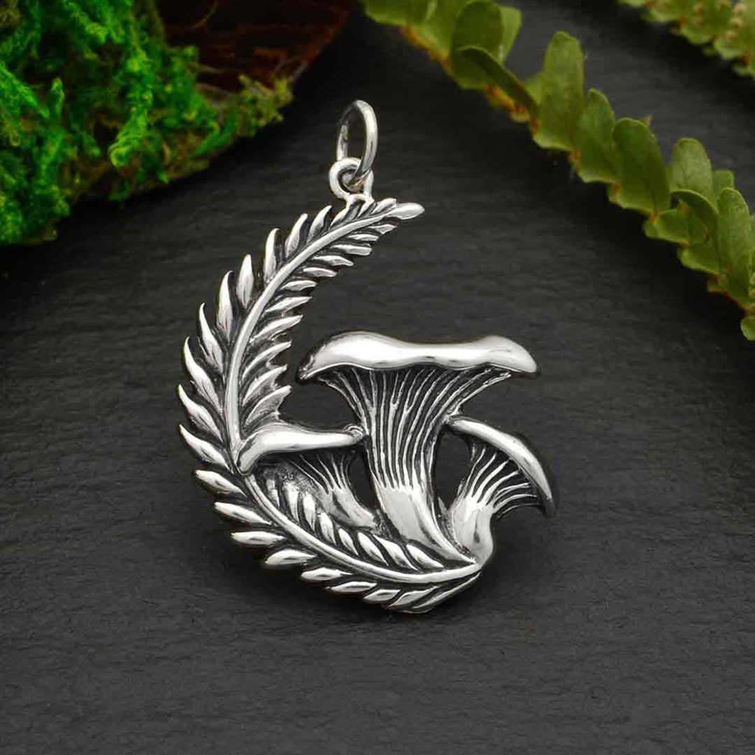 Sterling Silver Chanterelle Mushroom and Fern Pendant 29x20mm 1pc ...