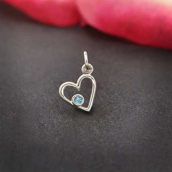 Sterling Silver Birthstone Heart Charm -March Aquamarine 14mmx9mm  - 1pc  (13431)/1