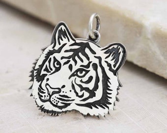 Sterling Silver Etched Tiger Face Charm 23x19mm  - 1pc (14537)/1