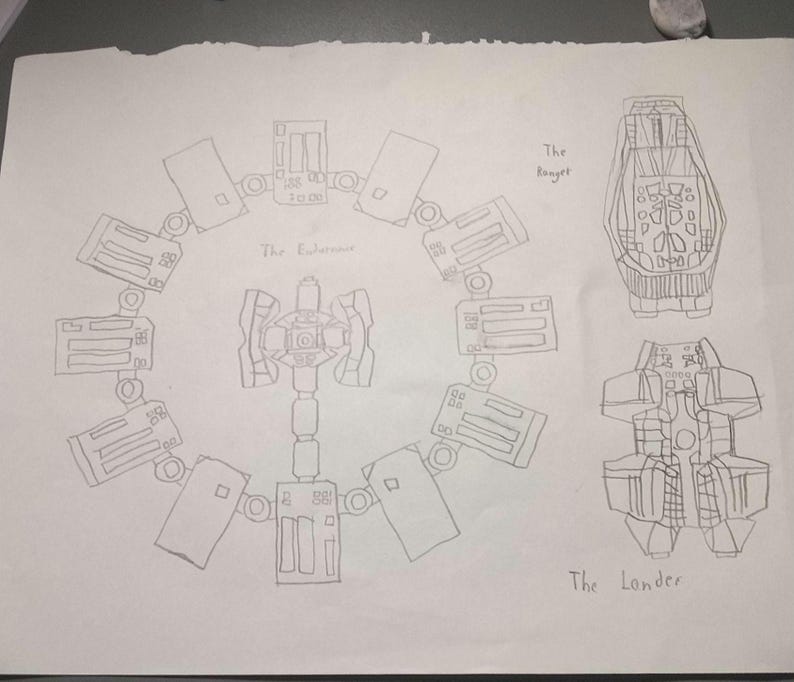 May include: A pencil sketch of a space station and two spacecraft. The space station is circular with rectangular modules. The spacecraft are labeled "The Ranger" and "The Lander".