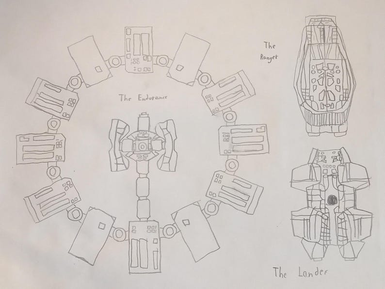 May include: A hand-drawn sketch of spacecraft designs. The Endurance, a circular space station, is depicted alongside The Ranger and The Lander. The Endurance is labeled, and the other two spacecraft are also labeled.