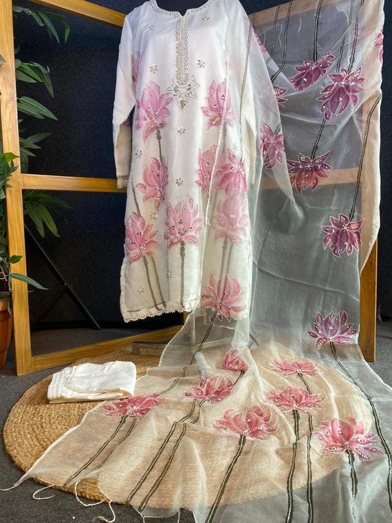 Hand-Painted Muslin Dress with Karchupi Work - Custom Color