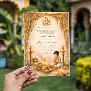 May include: A detailed invitation card in gold and cream, announcing an "UPANAYANAM" ceremony for "Arjun Sharma." The design includes religious imagery, a figure in prayer, and floral decorations. The date and time of the event are clearly displayed on the card.