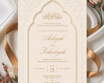 Luxury Muslim Wedding Invitation Template, Editable Nikah Invite, Ivory Arch Canva Design