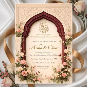 Luxury Islamic Nikah invitation template with burgundy arch, gold calligraphy, soft florals and satin ribbon background.