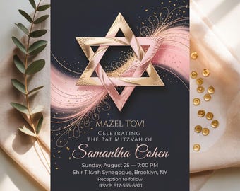 Invito moderno per Bat Mitzvah: Stella di David color rosa e oro (modello Canva modificabile)