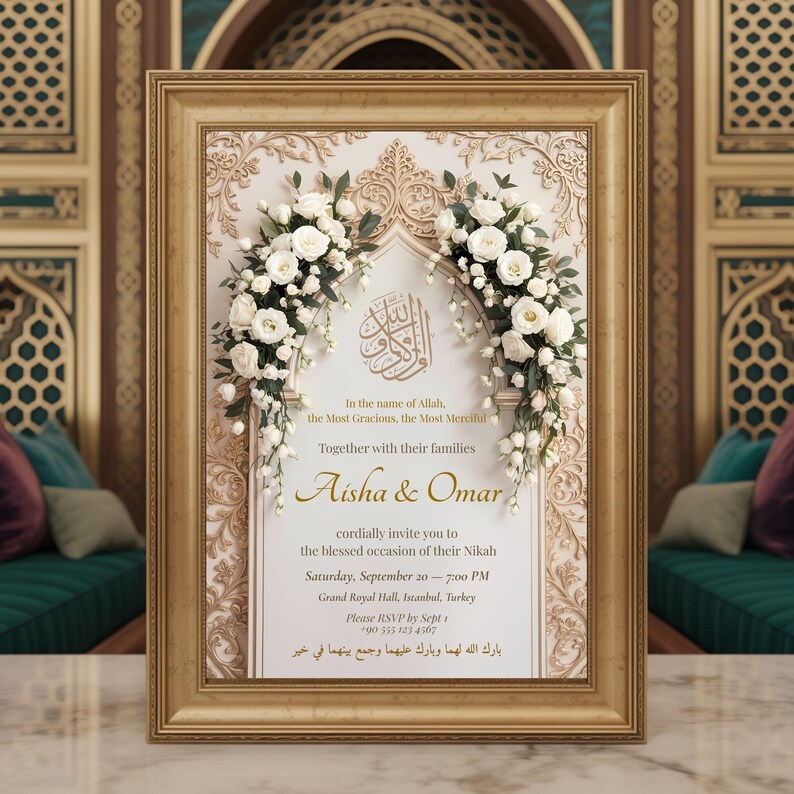 Luxury Nikah invitation with gold filigree arch and white flowers in framed decor against Islamic patterned background.