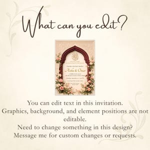 May include: An invitation design with a decorative archway, floral accents, and the names "Aisha & Omar." The text "What can you edit?" is at the top. The invitation includes details about editing text and requesting custom changes.