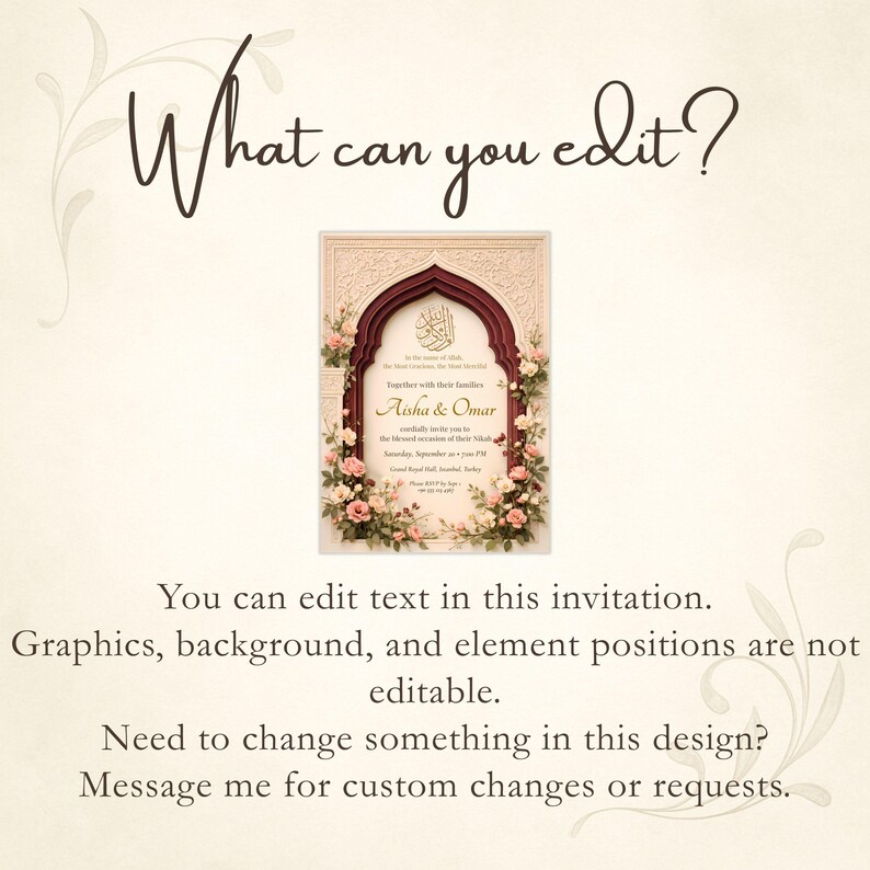 May include: An invitation design with a decorative archway, floral accents, and the names "Aisha & Omar." The text "What can you edit?" is at the top. The invitation includes details about editing text and requesting custom changes.