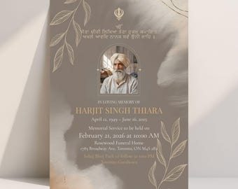 May include: A memorial card with a photo of a man in a turban, surrounded by text and floral designs. The card is in shades of brown and gold, with the text "In Loving Memory of Harjit Singh Thiara".