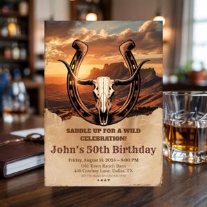 May include: A rustic invitation card with a western theme. The card features a horseshoe, a skull with long horns, and a desert landscape. Text reads "SADDLE UP FOR A WILD CELEBRATION! John's 50th Birthday" with event details.