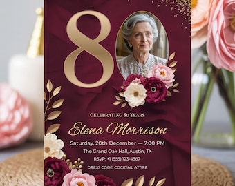 Invitación floral de cumpleaños de lujo con foto: Elegante diseño floral en burdeos y dorado (plantilla Canva de 13 x 18 cm)