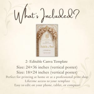 May include: A vertical poster template with the text "What's Included?" and a decorative floral design. The poster includes the text "Welcome to the Nikah Ceremony of Sabah & Attish" and is available in 24x36 inches and 18x24 inches sizes.
