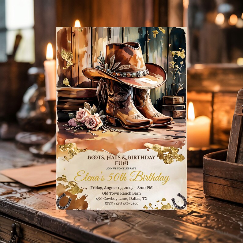 Rustic Western 50th Birthday Invitation: Cowgirl Boots, Hat & Roses ...