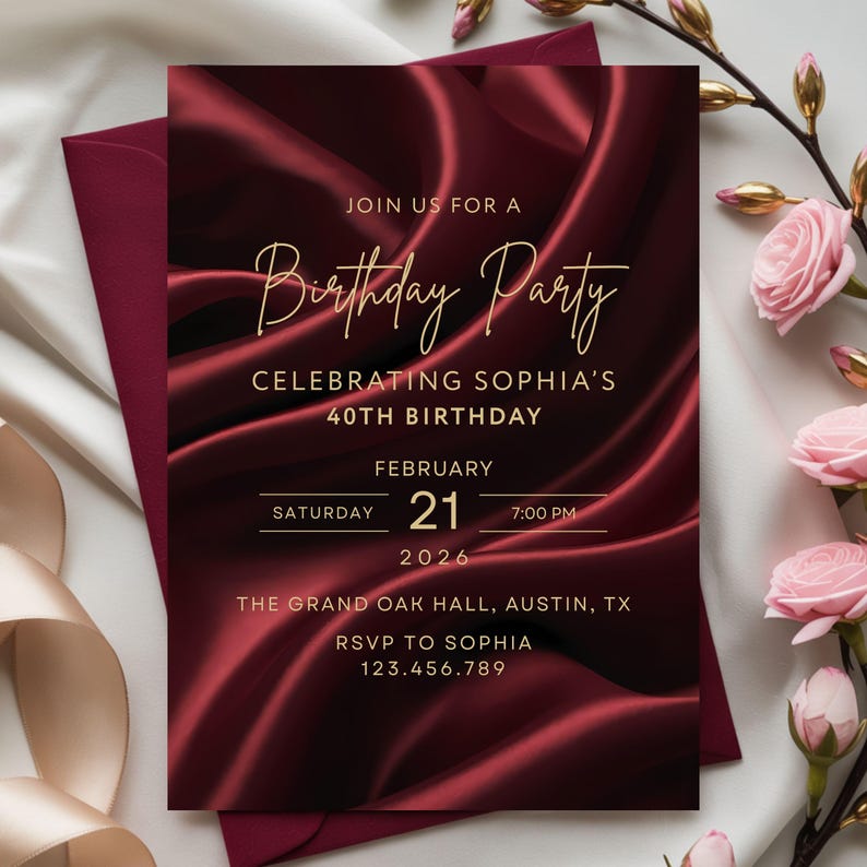 Burgundy silk birthday invitation with gold text styled with envelope and soft floral accents