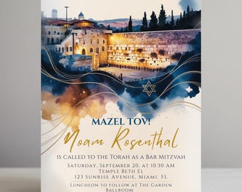 Invitación al Bar Mitzvá del Muro de las Lamentaciones de Jerusalén: Plantilla editable de Canva (digital)