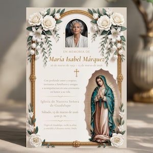 May include: A memorial card with a portrait of a woman, floral accents, and text in Spanish. The card includes the name "María Isabel Márquez", dates, and an invitation to a ceremony at the "Iglesia de Nuestra Señora de Guadalupe".