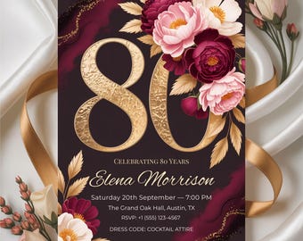Luxury Floral 80th Birthday Invitation: Elegant Burgundy & Gold with Flowers (5x7" Canva Template)
