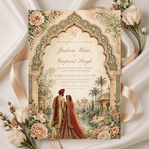 Może przedstawiać: Zaproszenie ślubne z ozdobnym motywem łuku i kwiatowymi akcentami. Tekst brzmi: Jasleen Kaur & Gurpreet Singh request the pleasure of your company at their Anand Karaj ceremony, Sunday, 21 June 2026, 10:00 AM.