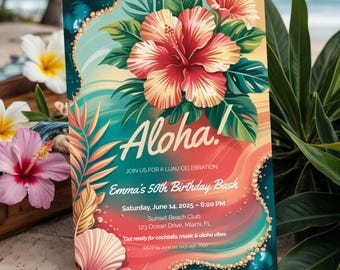 Op de afbeelding: Een kleurrijke uitnodiging met een tropisch thema. Het ontwerp toont een grote hibiscusbloem in rood- en geeltinten, met het woord "Aloha!" in witte letters. De uitnodiging is voor Emma's 50e verjaardag, een luau-viering.
