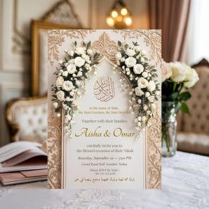 Classic Islamic Nikah invitation card with gold details and white roses, staged in an elegant interior setting
